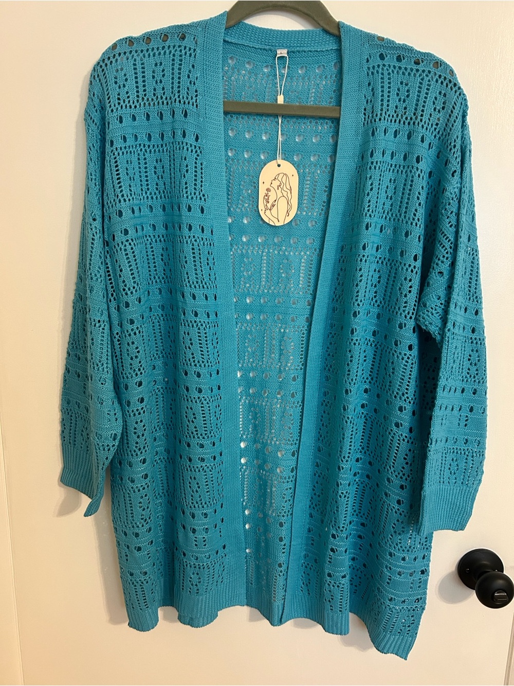 Open-Front Turquoise Crochet Cardigan Sweater